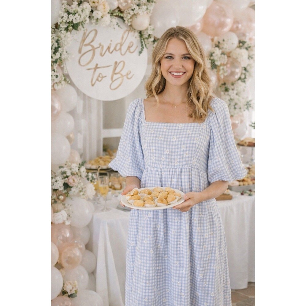 Sweet Lemon Blue Gingham Daisy Puff Sleeve Midi Dress Women's Medium Cottagecore